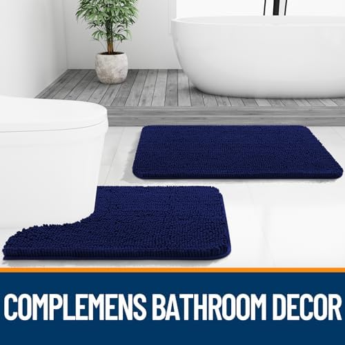 OLANLY Chenille Bathroom Rugs Sets 3 Piece, 30"x20"+24"x16"+24"x20", Navy - Image 6