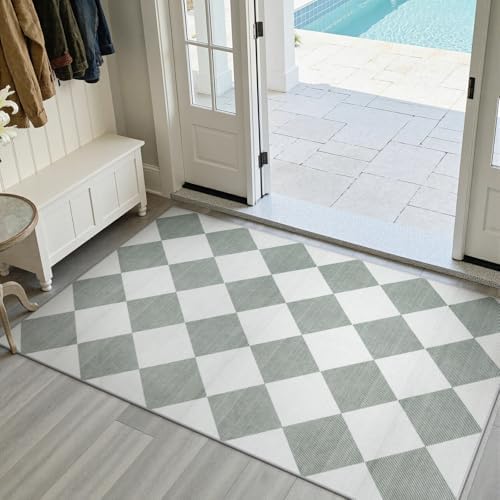 Beeiva Checkered Print 3x5 Washable Rug for Entryway, Non Slip Soft Small Bedroom Rug 3x5 Ultra Thin Moroccan Bathrooom Decor, Gingham Plaid Carpet for Laundry Entry Kitchen Nursery (Green/White) - Image 6