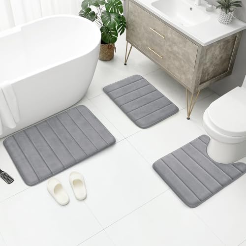 BYSURE Grey Memory Foam Bathroom Rug Set 3 Piece, Non Slip Extra Soft Absorbent Bath Mats, Machine Washable & Dry Toilet Mat Sets for Bathroom Floor - Image 6