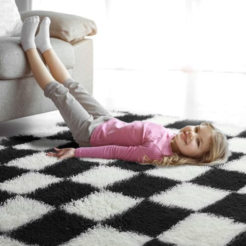 KICMOR Small Rug for Bedroom, 2x3 Fluffy Soft Black and White Checkered Rug Fuzzy Shaggy Bedside Carpet, Indoor Furry Plush Small Throw Rug for Living Room Nursery Kids Girls Boys Room Home Decor - Image 7
