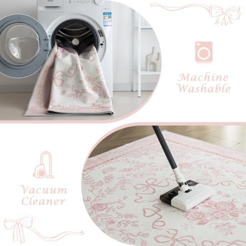 8x10 Pink Rug for Bedroom, Vintage Floral Nursery Rug, Cute Aesthetic Coquette Bow Washable Low Pile Large Area Carpet for Girls Room Dorm - Image 6