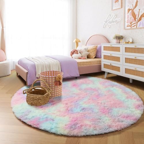 Amdrebio Rainbow Big Round Furry Area Rug 7Ft for Living Room Girls Bedroom - Image 6