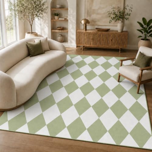 4x6 Checkered Area Rug for Living Room, Soft Low Pile Green Rugs by Unknown