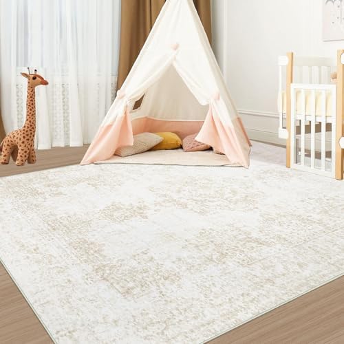 Vintage Living Room Area Rug - 5x7 Large Machine Washable Boho Moroccan Rug Distressed Farmhouse Rugs for Bedroom - Soft Non-Slip Indoor Carpet for Dining Room Office Nursery(Ivory, 5'x7') - Image 6