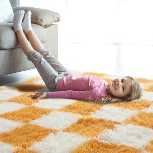 KICMOR 8x10 Area Rugs for Living Room, Large Soft Fluffy Checkered Big Fuzzy Shag Shaggy Carpet for Bedroom, Orange and Cream White Plush Rug for Kids Boys Girls Dorm Nursery Home Decor Aesthetic - Image 7