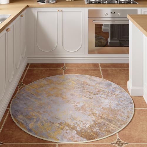 Beige Gold Round Area Rugs 4ft Washable Circle Rug for Entryway Kitchen, Non Slip Soft Low Pile Stain Resistant, Boho Circular Carpet for Living Room Bedroom Dorm Dining Room Table, Abstract Tan - Image 6