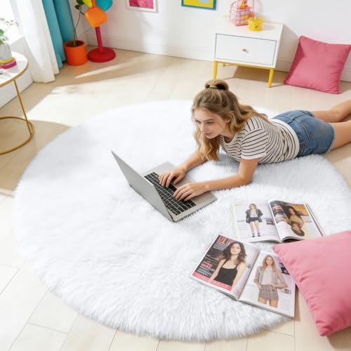 OLANLY White Round Rugs for Bedroom - Machine Washable, 4 ft Circle Area Rugs for Living Room, Soft and Fluffy Shaggy Carpet for Teen Girls and Boys, Nursery Rooms, Dorms, Home Decor Aesthetic - Image 6