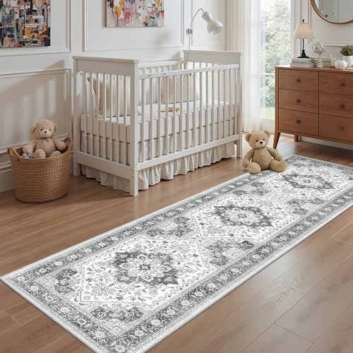 2'x8' Washable Runner Rug for Hallway Kitchen Rug Boho Floor Carpet Grey - Image 7