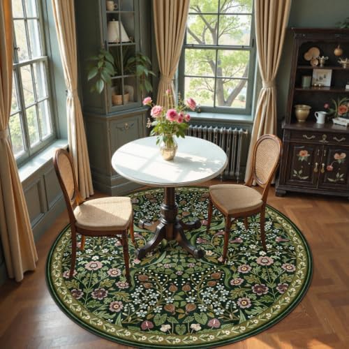 Moynesa Vintage 6ft Round Area Rug, Green Floral Rugs for Living Room - Image 6