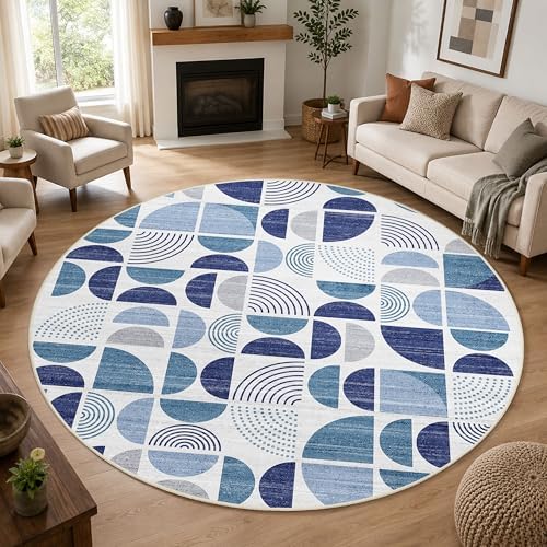 MUJOO Round Rugs 9ft,Circle Area Rug Washable Non Slip Modern Abstract - Image 7