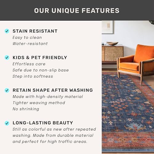 Navy Blue 2x8 Long Runner for Kitchen, 8ft Runner Rugs for Entryway, Hallway, Washable Non Skid Rubber Backing Low Pile Stain Resistance Floral Carpet - Image 6