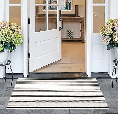Black and White Striped Doormat 24"x35"Cotton Washable Fall Layering Rug - Image 7
