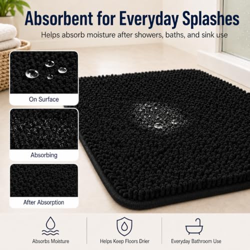 RUN HELIX Bathroom Rugs Set 2 Piece Thick Chenille Bath Mats, Soft Quick Dry Plush Absorbent Bath Rugs with Non-Slip PVC Backing, 32x20+24x16 Inch Black - Image 6