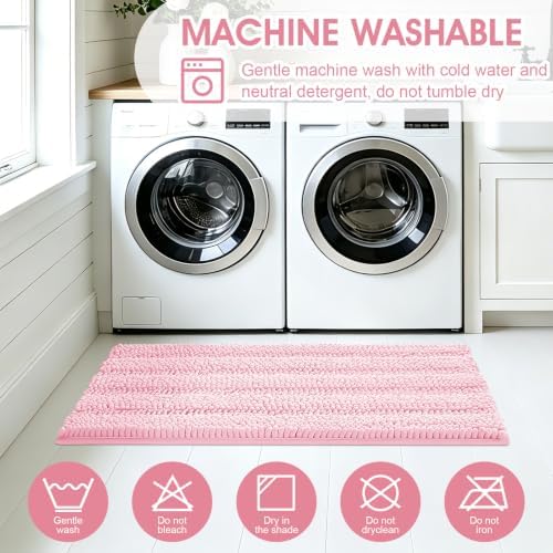 ACCUMTEK Christmas Striped Pink Bathroom Rug Set 3 Pieces Ultra Soft, Non Slip Chenille Toilet Mat, Absorbent Plush Shaggy Bath Mats for Bathroom, Bedroom, Kitchen - Image 6
