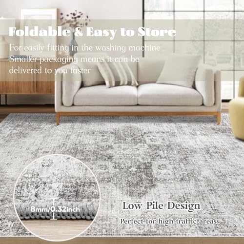 Area Rug 6x9 Washable Rug, Vintage Boho Medallion Rugs Non-Slip Soft Low Pile Large Distressed Rug Indoor Retro Carpet for Living Room Bedroom Dining Room Home Office (Grey, 6'x9') - Image 7