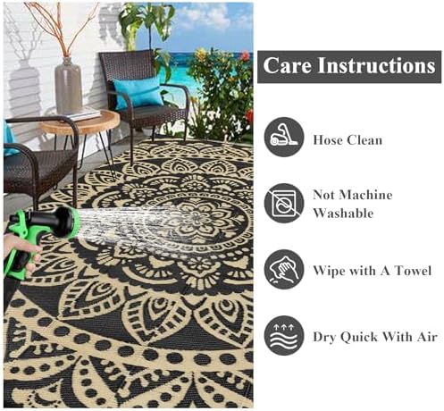 Bsmathom Waterproof Outdoor Rug 6'x9' Reversible Boho Plastic Straw Patio Deck Camping Rugs, Indoor Outdoor Portable RV Mat Clearance Carpet for Outside, Porch, Balcony, Backyard, Beach, Pool,Black - Image 6
