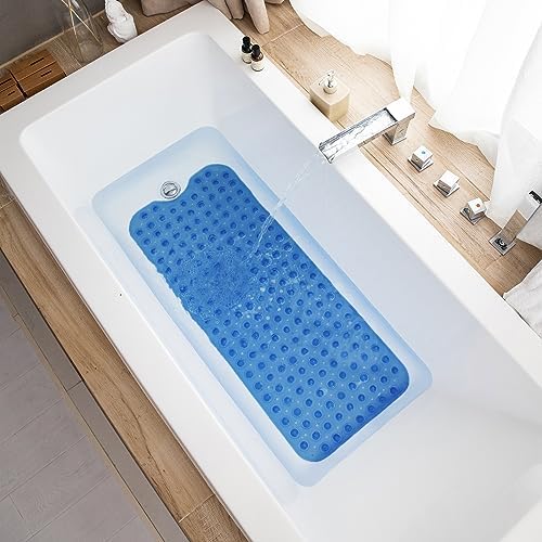 TEESHLY Bathtub Mats for Shower Tub, Extra Long Non-Slip 39 x 16 Inch Bath Mat with Drain Holes and Suction Cups, BathMat for Bathroom with Machine Washable (Clear Blue) - Image 6