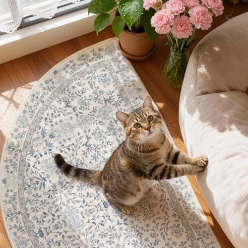 jinchan 2x3 Washable Half Circle Entryway Rug, Vintage Floral, Blue/Cream - Image 7