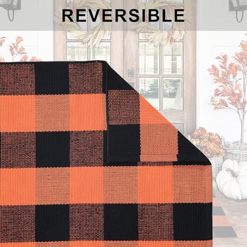 Orange and Black Plaid Rug, 24'' x 51'' Fall Outdoor Front Door Decor Mat, Cotton Washable Hand-Woven Rug for Layered Doormat, Autumn Halloween Thanksgiving Carpet for Porch, Entryway - Image 6