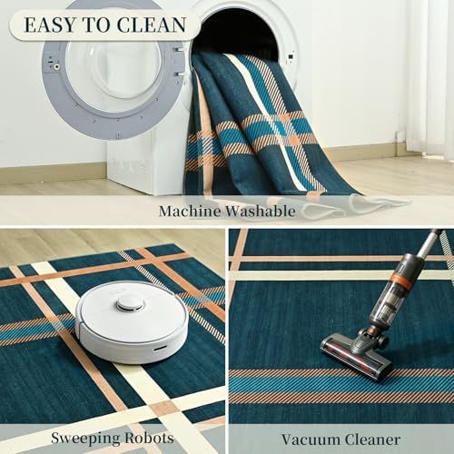 Terrug Blue Striped Checkered Rug for Living Room, 5x7 Washable Area Rugs - Image 7