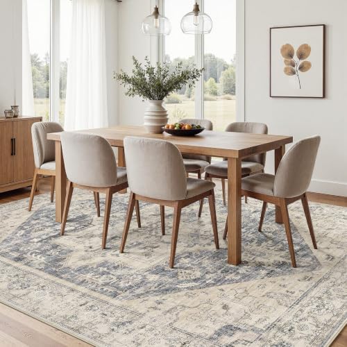 Vintage 9x12 Rugs for Living Room Washable Area Rug Blue Beige - Image 7