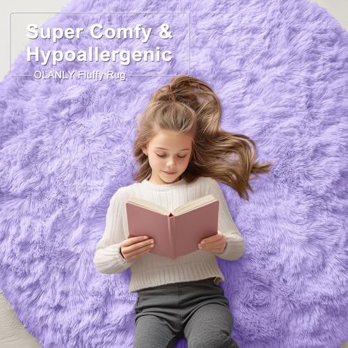 OLANLY Light Purple Round Rugs for Bedroom - Machine Washable, 4 ft Circle Area Rugs for Living Room, Soft and Fluffy Shaggy Carpet for Teen Girls and Boys, Nursery Rooms, Dorms, Home Decor Aesthetic - Image 6