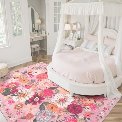 Pink Floral Area Rug 4x6 for Bedroom Living Room - Image 6