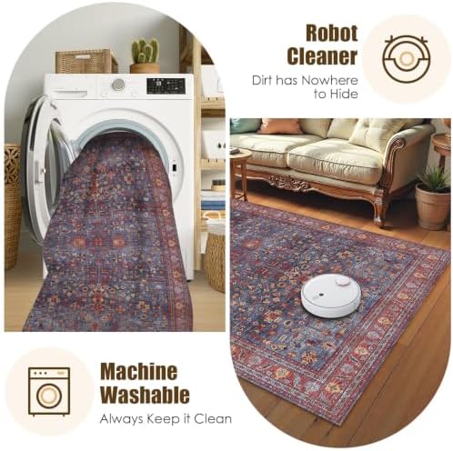Washable Area Rug 8' x 10' Vintage Traditional Persian Mat - Foldable Distressed Non-Slip Machine Washable Carpet for Living Room Bedroom Kitchen Home Decor - Indigo and Crimson - Image 7
