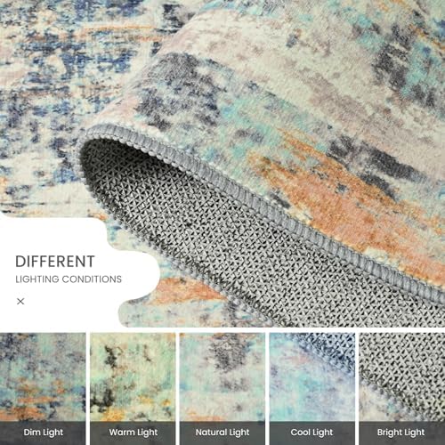 Ompaa Living Room Rug 8x10 Blue Area Rugs Machine Washable Abstract Boho Large Carpet Non-Slip Non-Shedding Faux Wool Indoor Vintage Rugs for Bedroom, Classroom, Dining Room, Kids Playroom - Image 6