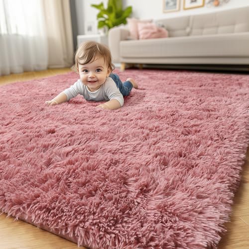 Amdrebio Blush Pink Furry Shag Area Rug 4x6 for Girls Bedroom Baby Nursery - Image 6