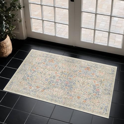 Washable 2x4 Rug Non Slip - Beige Blue Small Area Rugs for Entryway, Bathroom, Vintage Cream Floral Style Rug for Kitchen, Laundry Room - Image 6