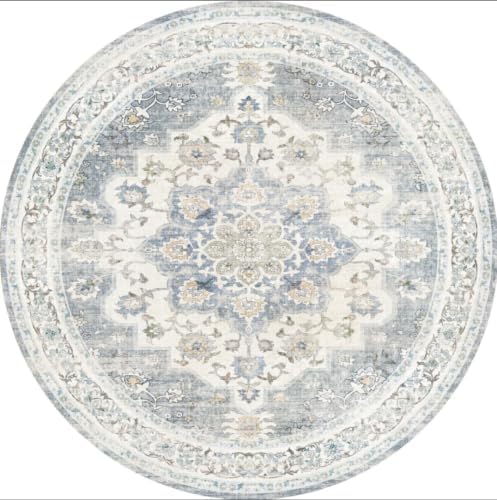 6x6 Round Area Rug: Vintage Washable Carpet Non Slip 6ft, Blue/White/Beige by TOPRUUG