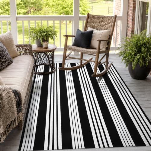 OJIA Black and White Outdoor Rug 4'x6' Washable Patio Rug Porch Camping Rug - Image 6
