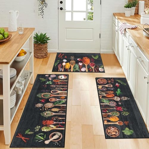 Vaukki Boho Kitchen Rug Sets of 3,Spice Black Washable Kitchen Floor Mat - Image 6