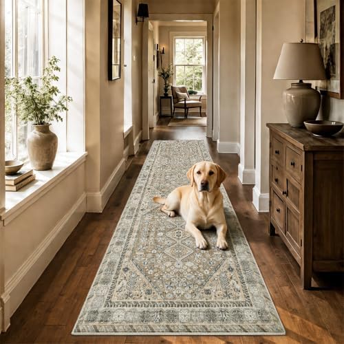 2'x6' Vintage Beige Brown Runner Rug, Washable Non-Slip Non-Shed Floor Mat - Image 6