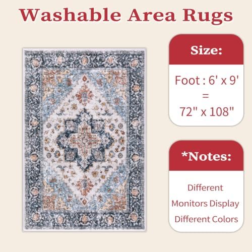 SERISSA 6x9 Washable Non Slip Boho Area Rug for Living Room,Blue Orange - Image 6