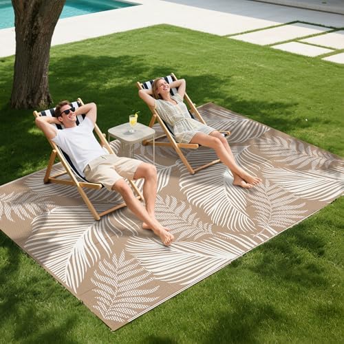 Pauwer Waterproof Outdoor Rug 5x8, Plastic Straw Patio Rug, Leaf Brown - Image 6