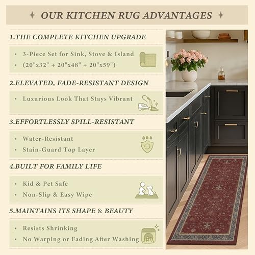 JTJ Burgundy Boho 3 Piece Kitchen Rug Set, Washable Non-Slip Mats - Image 6