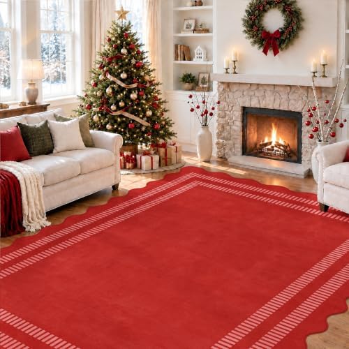 Washable 8x10 Christmas Area Rugs for Living Room, Solid Red Ultra-Thin Bedroom Rug Non-Slip Dining Room Rugs, Soft Scalloped Carpet for Nursery Kids Room Office - Image 7