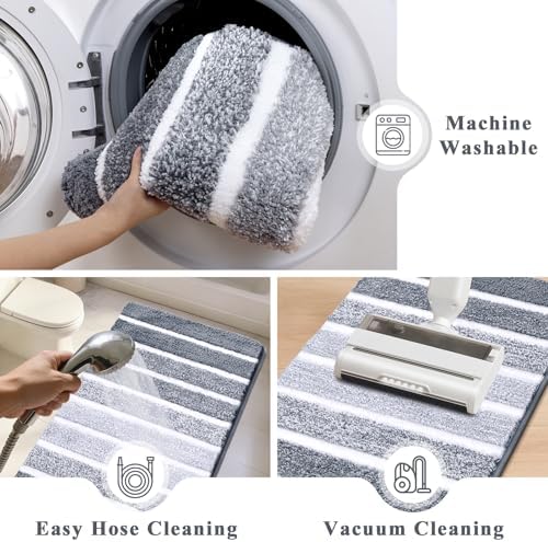 Yamaziot Grey Bathroom Rug Set 5 Piece Washable Non Slip Striped Bath Mat - Image 6