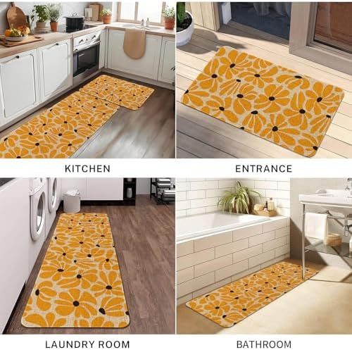 Spring Daisy Floral Kitchen Mats Decor, Yellow Retro Groovy Flower Power Kitchen Rugs Sets of 2, Vintage 1970s Floral Rug Home Decorations Indoor - Image 7
