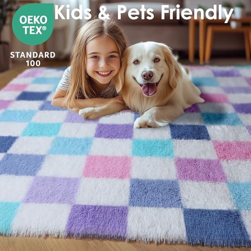 KICMOR Purple Rainbow 5x8 Area Rug for Living Room, Fluffy Soft Colorful Checkered Rug Fuzzy Shag Shaggy Bedroom Carpet, Cute Indoor Plush Rugs for Teen Kids Girls Dorm Nursery Home Decor Aesthetic - Image 7