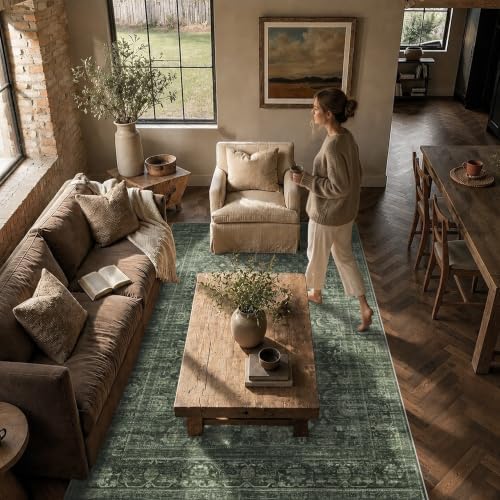 JOOJA 2x5 Dark Olive Green Vintage Soft Low Pile Moody Washable Runner Rug - Image 7