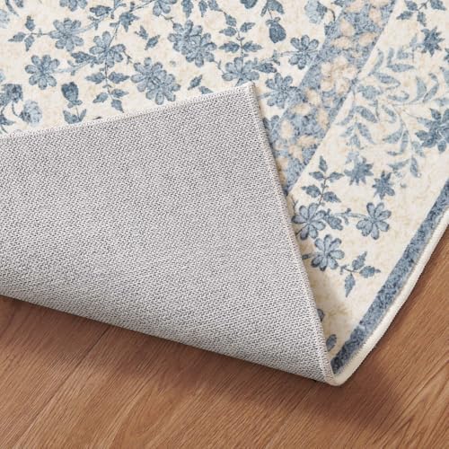 jinchan 5x5 Washable Corner Area Rug, Soft Floral Non-Slip, Blue/Cream - Image 7