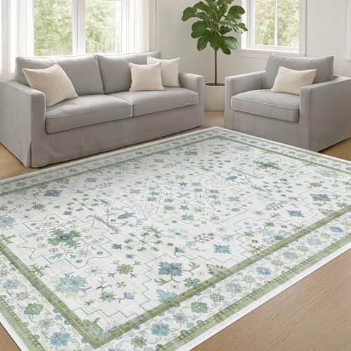 Hazo Haus Oushak Area Rug for Bedroom 5x7 - Blue and Green Vintage Boho Floral Geometric, Washable Low Pile Non Slip Area Rugs for Nursery Room, Foyer, Cozy Aesthetic Room Decor - Image 6