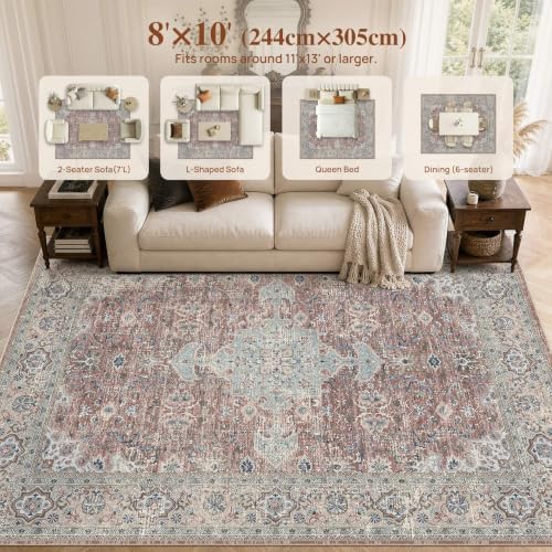 UERMEI 8x10 Area Rug for Living Room Washable Vintage Pink Brown Carpet - Image 7