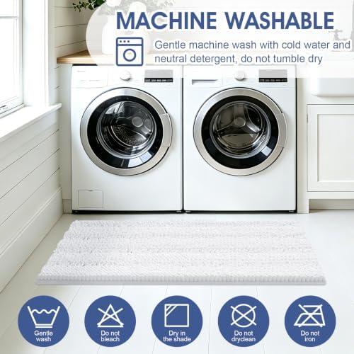 ACCUMTEK Striped White Bathroom Rug Set 3 Pieces Ultra Soft, Non Slip Chenille Toilet Mat, Absorbent Plush Shaggy Bath Mats for Bathroom, Bedroom, Kitchen, Ivory - Image 6