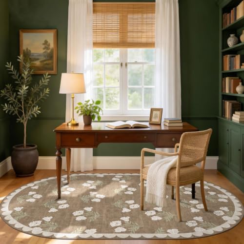 5x8 Living Room Oval Rug - Tan Floral Scalloped Bedroom Area Rug - Image 7