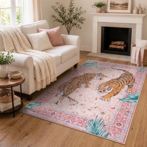 Moynesa 3x5 Washable Pink Tiger Rug, Boho Vintage Rugs for Living Room - Image 6
