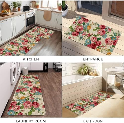 Red Pink Floral Kitchen Mats for Floor 2 Piece Home Decor, Country Spring Flower Kitchen Rugs Sets of 2 Non Slip Washable - Image 7